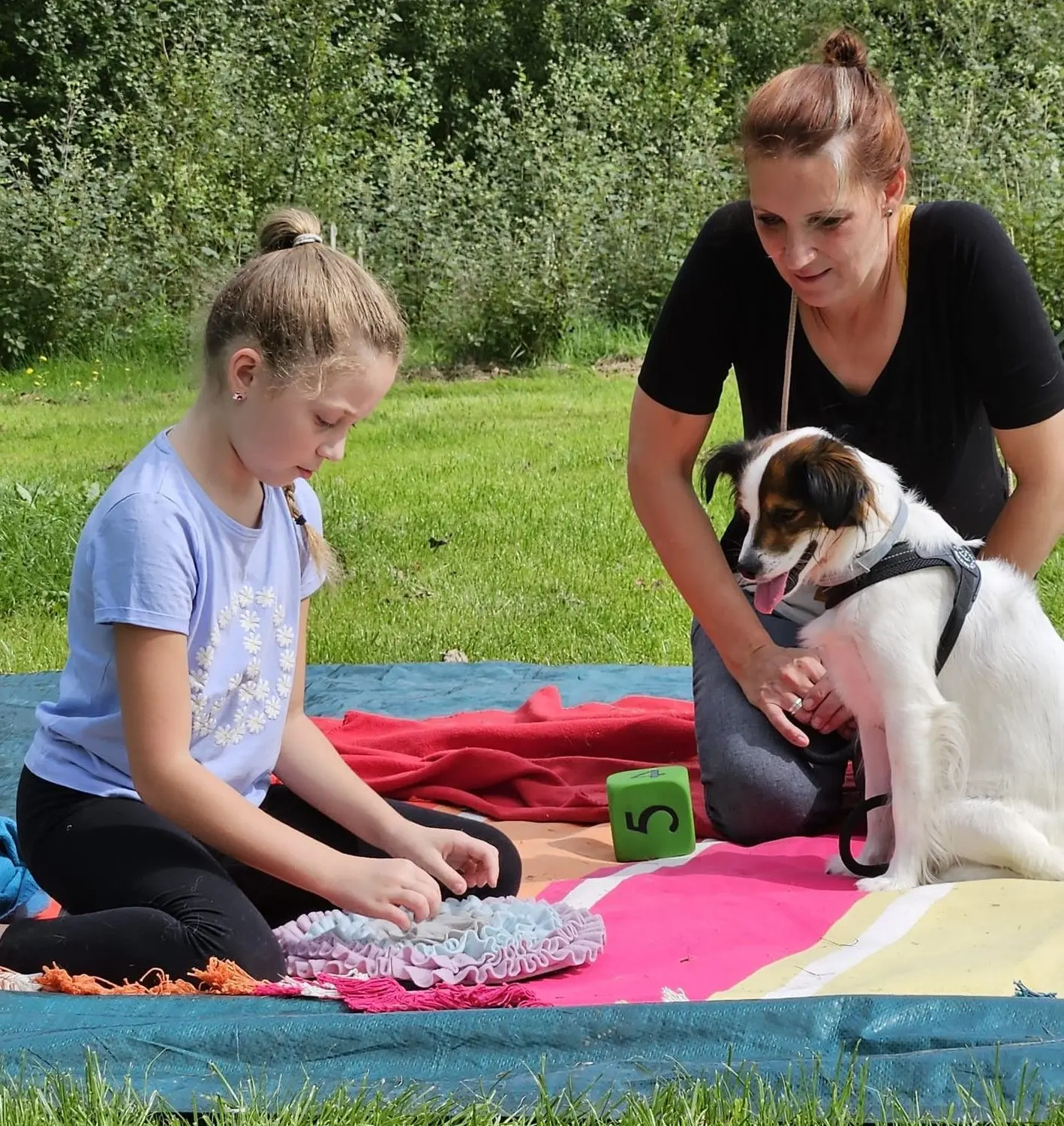 Die Hunde AG - Annette Großmann - Eine Frau und ein Mädchen sitzen auf einer Decke im Freien, umgeben von Gras und Bäumen, begleitet von einem Hund, und genießen ihre gemeinsame Zeit in entspannter Atmosphäre.