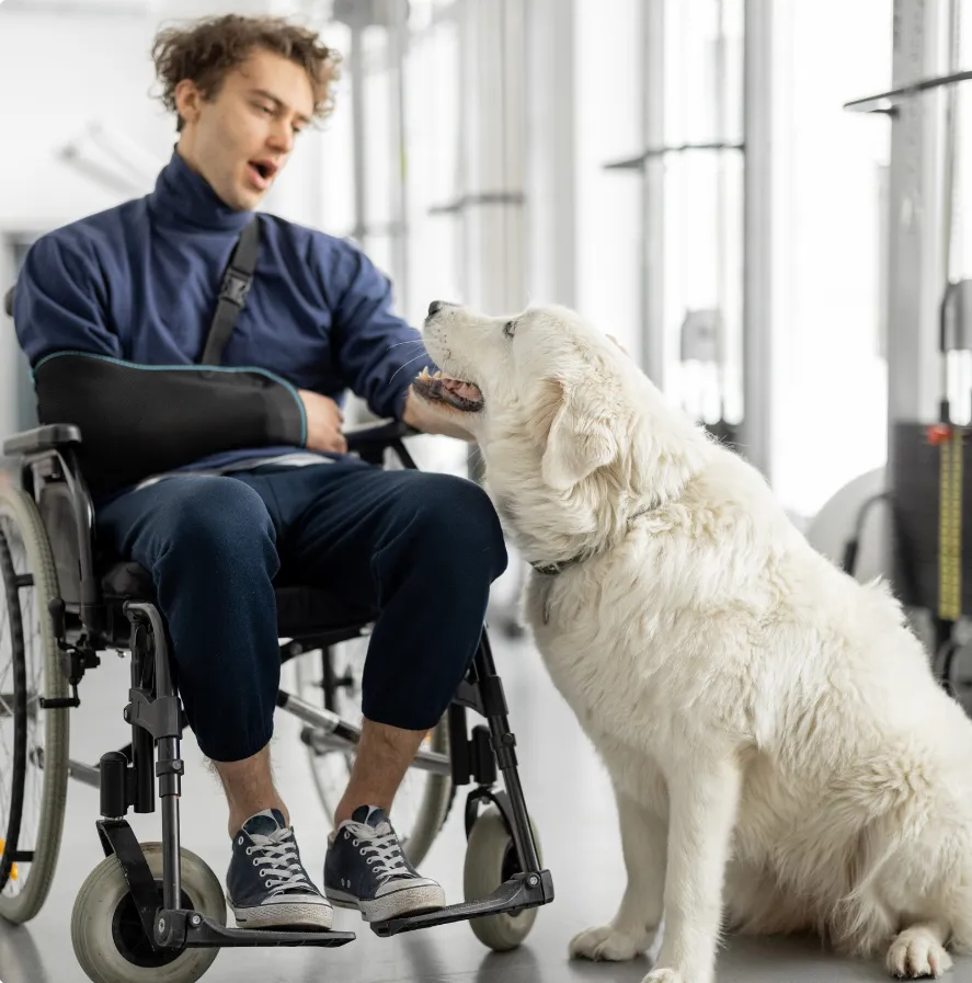 Die Hunde AG - Annette Großmann - Ein Mann sitzt in einem Rollstuhl in einem Haus, begleitet von einem Hund